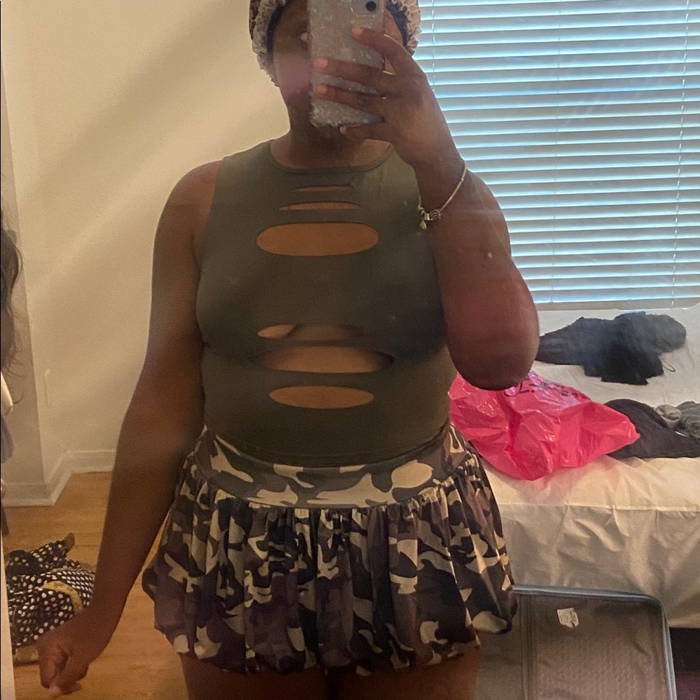 Olive Cutout Shirt with Camouflage Skirt